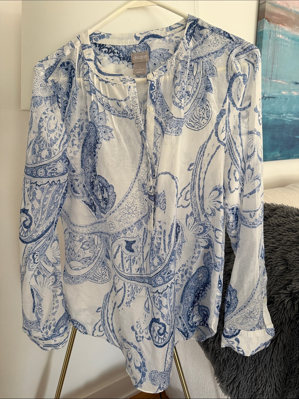 Chico's White and Blue Paisley Button-Down Shirt